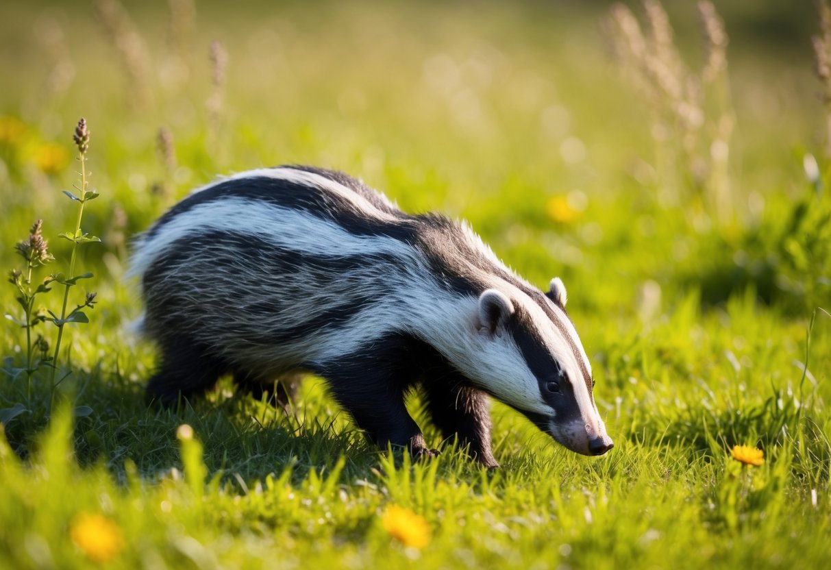 A badger emerges from its burrow in a sunlit meadow, sniffing the air for food as it forages during the day