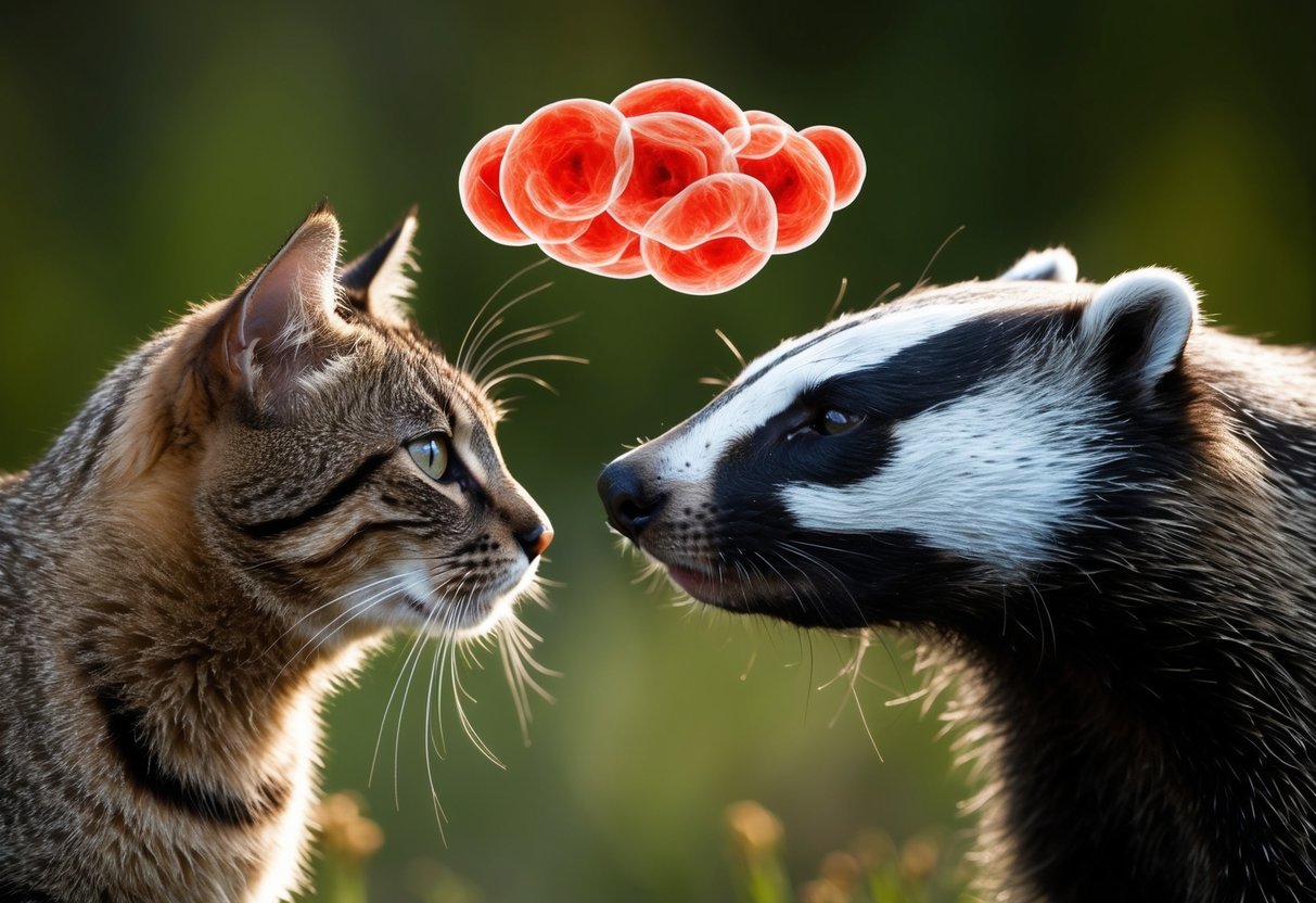 A cat and a badger face each other, with the Mycobacterium Bovis bacteria depicted as a red, swirling cloud between them