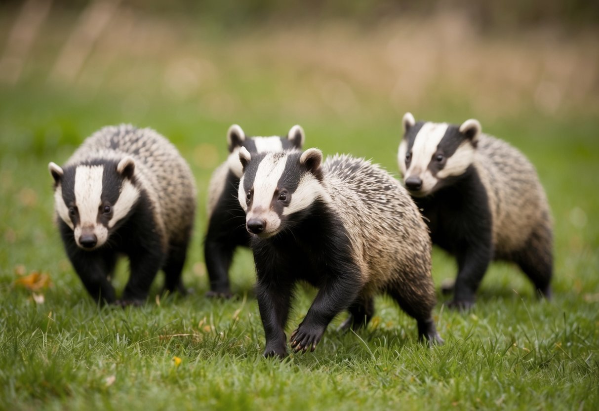 A group of distressed badgers scurry about in broad daylight, their fur standing on end as they frantically search for cover