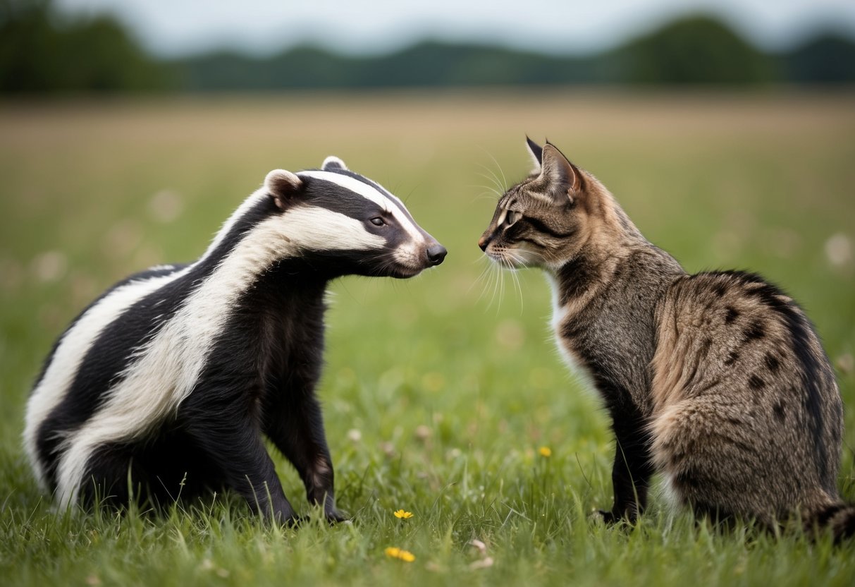 A badger and a cat facing each other in a field, with a transmission pathway between them, such as a contaminated food source or direct contact