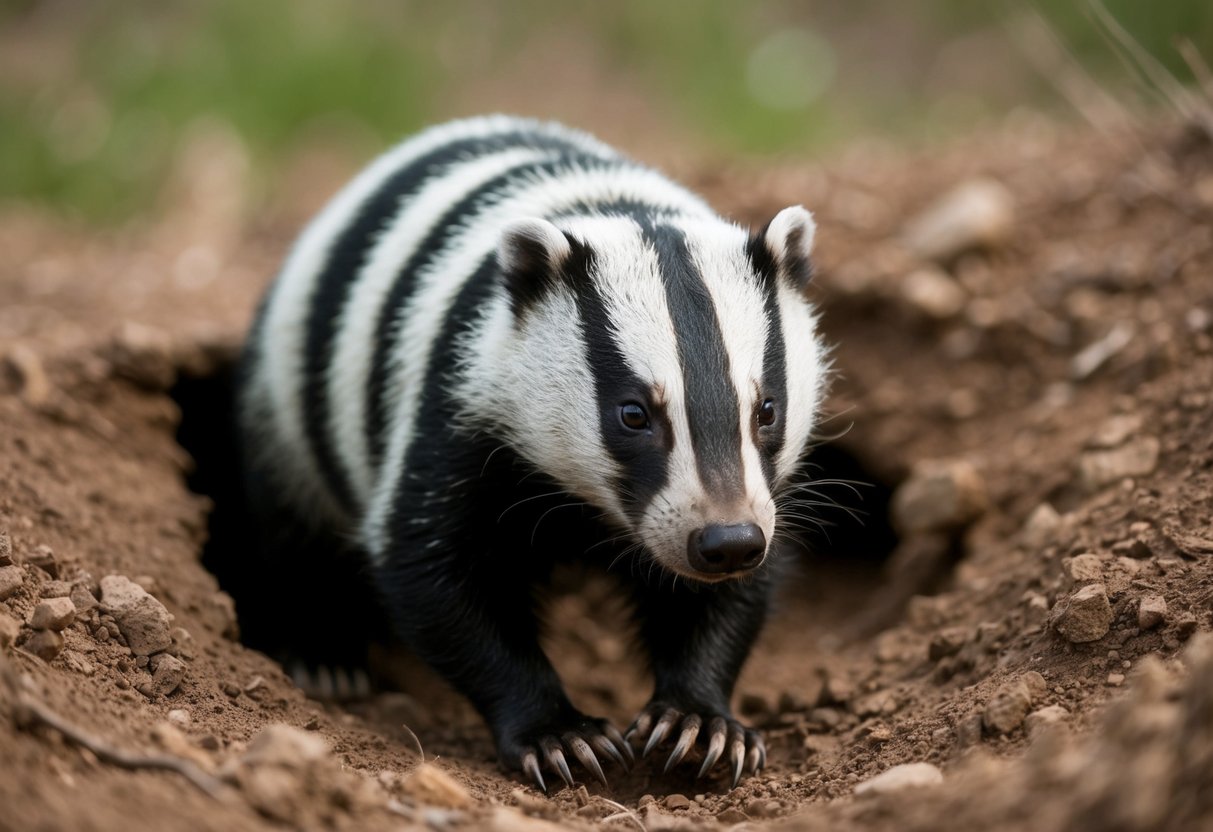 A badger emerges from a burrow, its sharp claws and fur bristling as it sniffs the air cautiously