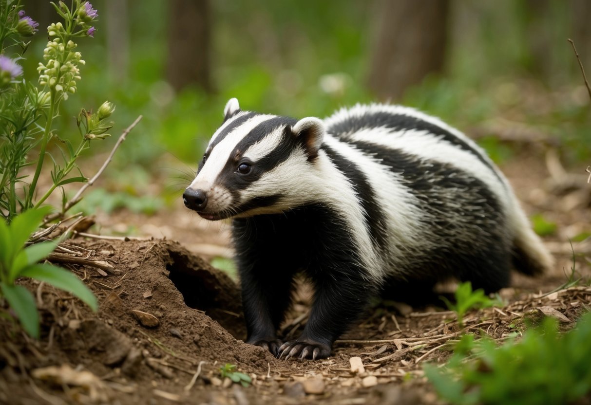 A badger emerges from a burrow in a forest clearing, sniffing the air with curiosity. Surrounding flora and fauna are depicted in vivid detail