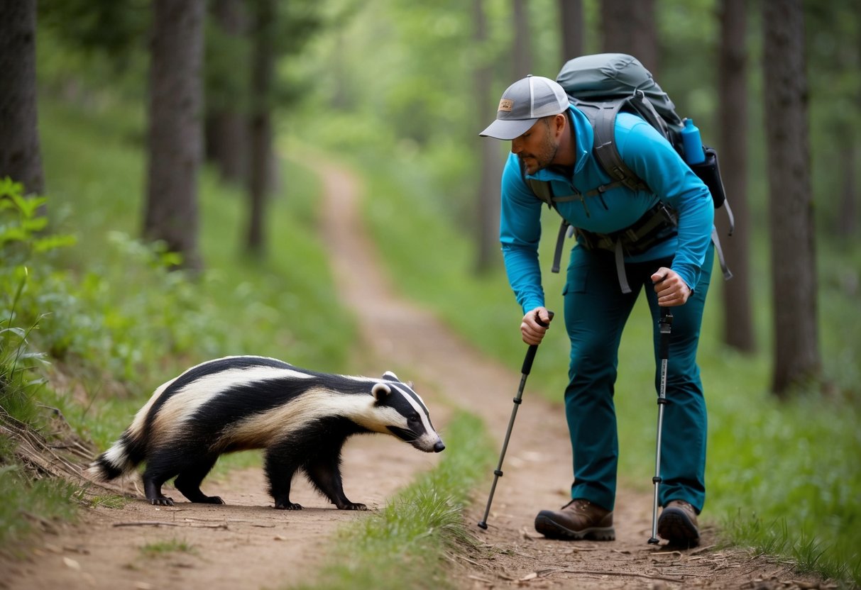 A badger cautiously approaches a hiker on a forest path, both wary but calm
