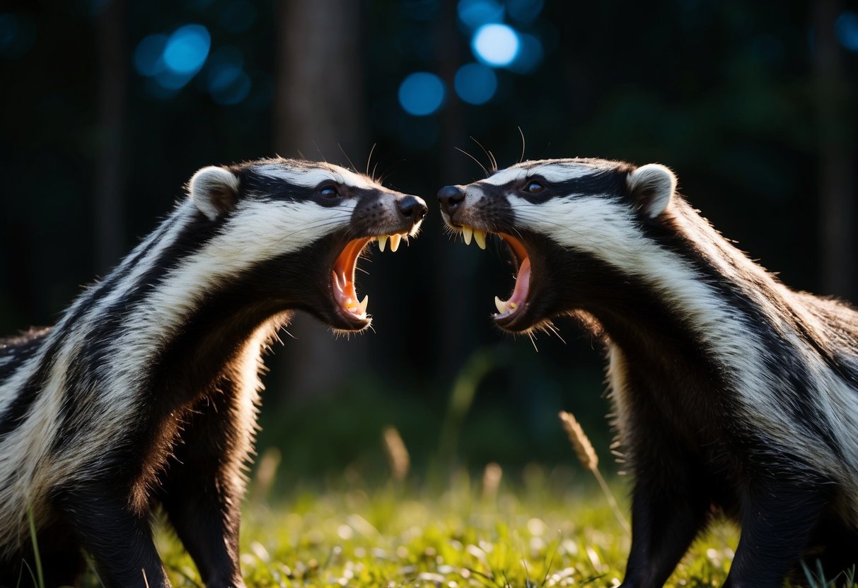 Two badgers facing each other, mouths open, emitting loud, high-pitched screams in a forest clearing at night