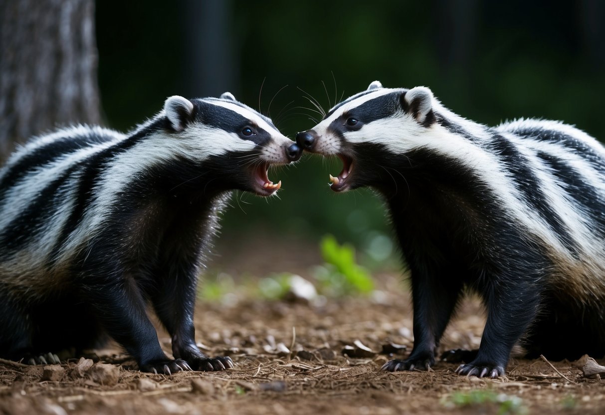 Two badgers facing each other, noses touching, emitting high-pitched screams in a forest clearing at night