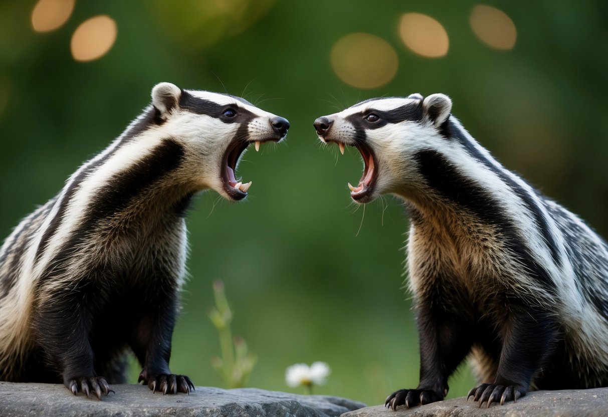Two badgers facing each other, mouths open in a silent scream, bodies tense with anticipation
