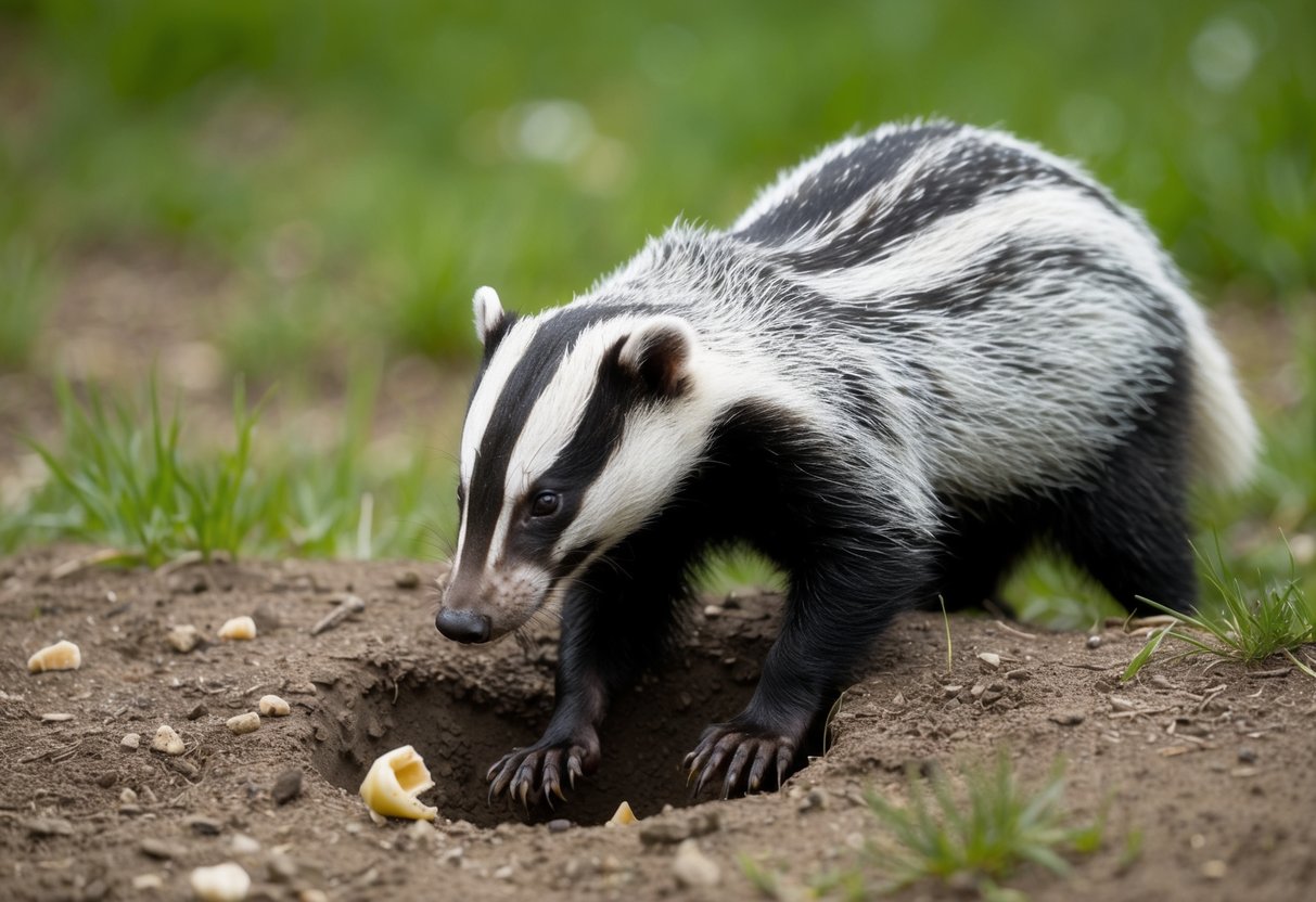 A badger digs a shallow hole in the ground and leaves droppings nearby, creating a distinct latrine site