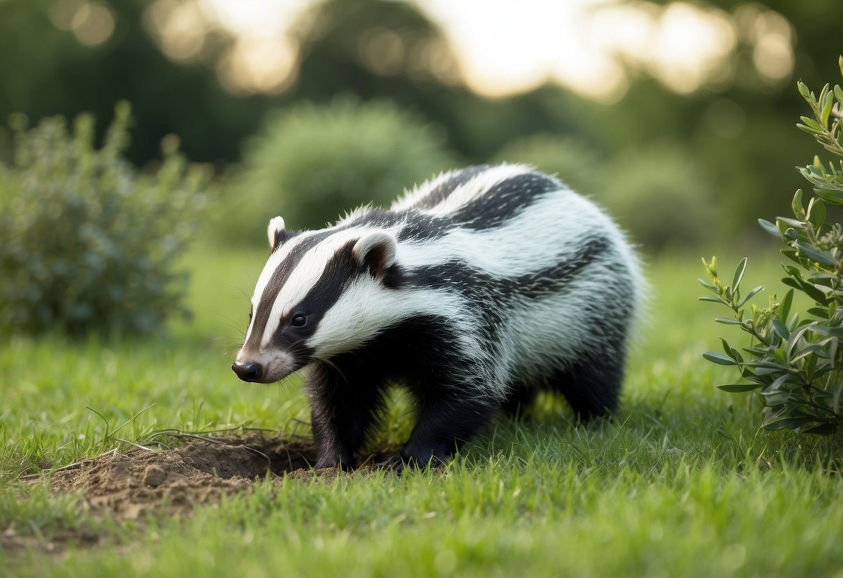 A badger digs a burrow in a grassy field, surrounded by trees and bushes