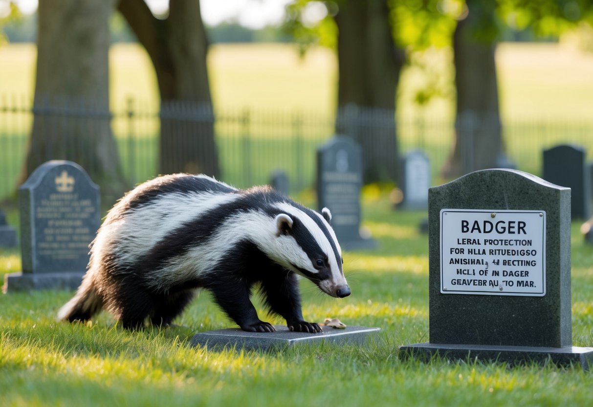 A badger digs in a peaceful graveyard, surrounded by trees and a fence. A sign nearby indicates legal protection for the animals