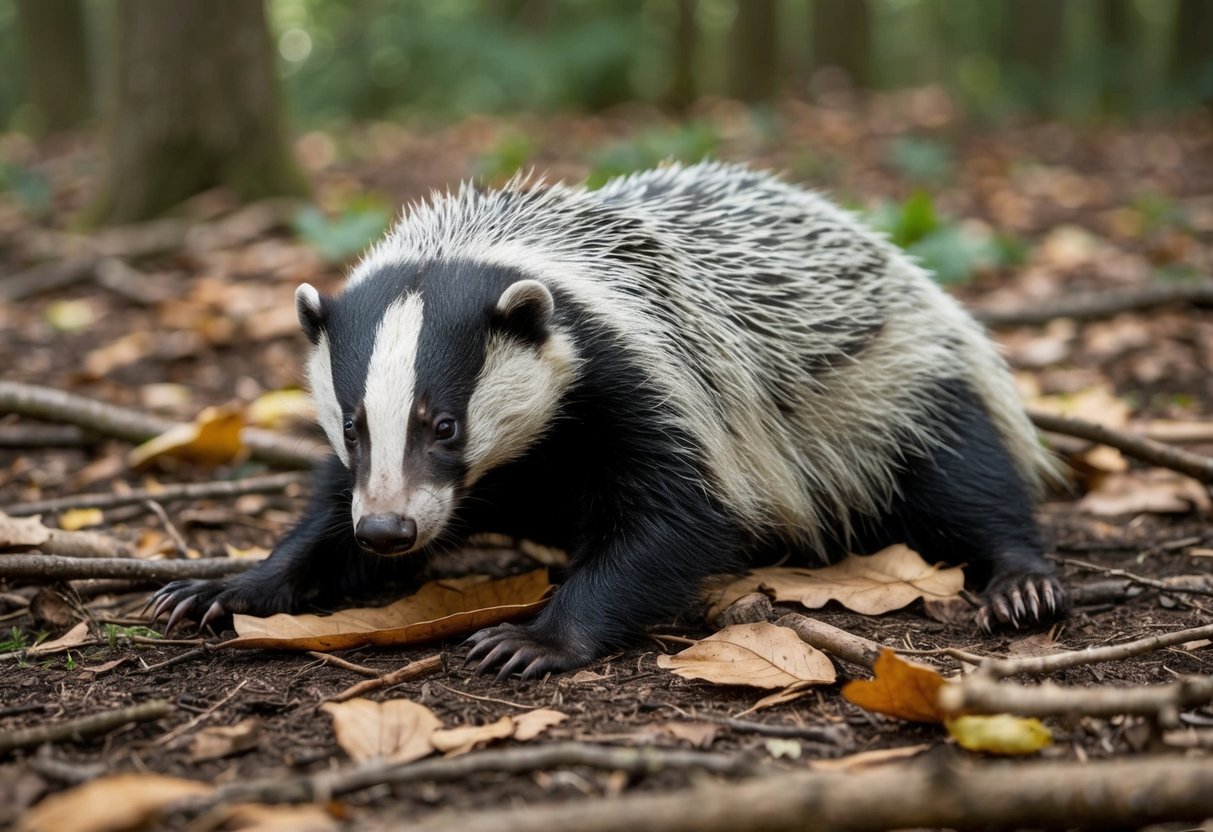 An injured or dead badger lies in a forest clearing, surrounded by fallen leaves and twigs. The animal's fur is matted and its body is still