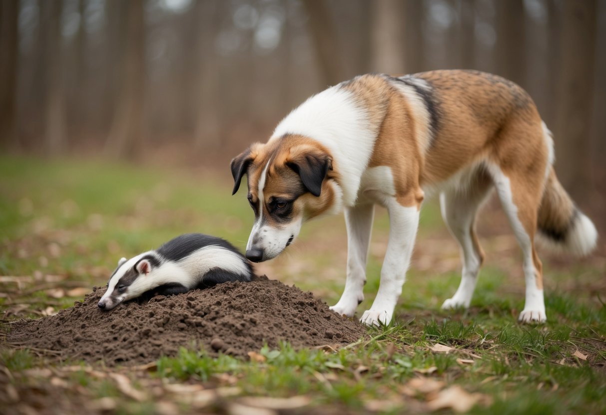 A dog sniffs cautiously at a pile of badger poo in a wooded area
