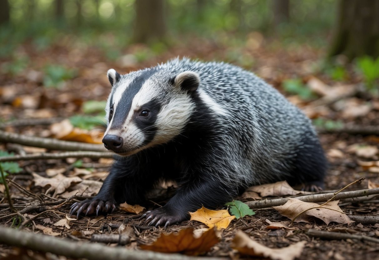 A dead badger lies on the forest floor, surrounded by fallen leaves and twigs. Its fur is thick and grey, and its body is still and motionless
