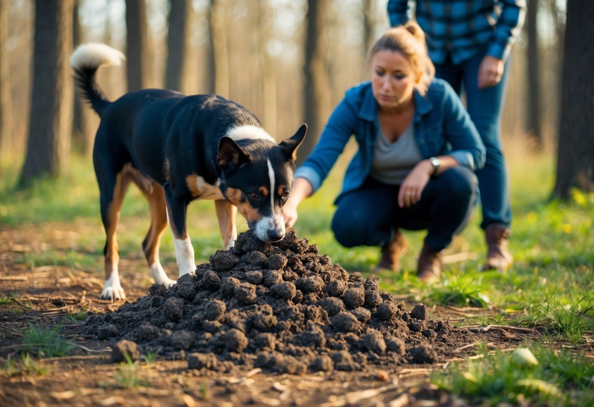 A dog sniffs cautiously at a pile of badger feces in a wooded area, while a concerned owner looks on in the background