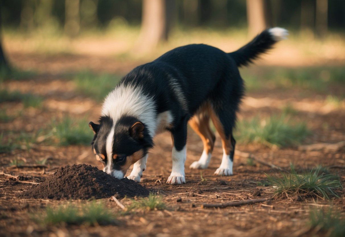 A dog sniffing at badger poo in a forest clearing