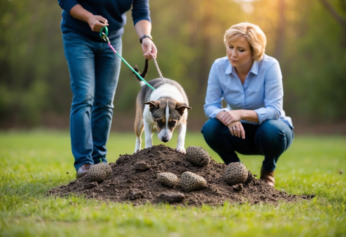 A dog sniffs cautiously at a pile of badger poo while a concerned owner looks on, holding a leash