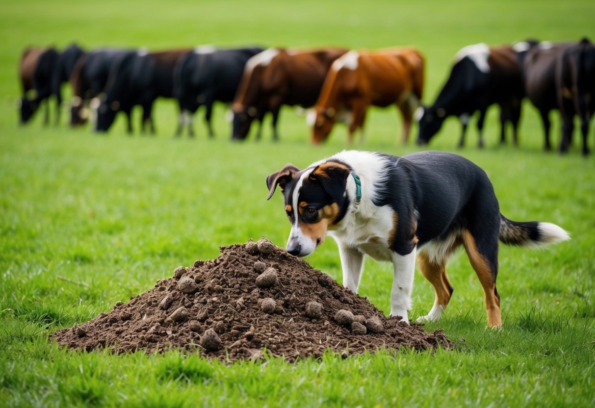 A dog sniffs cautiously at a pile of badger feces in a lush, green field, while a herd of cattle grazes nearby
