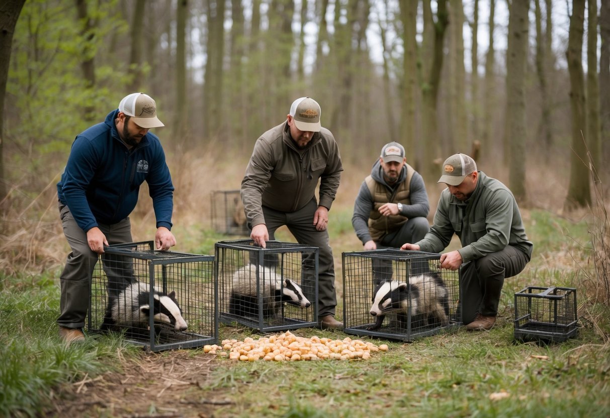 A group of hunters setting up traps in a wooded area, with cages and bait laid out for badger culling