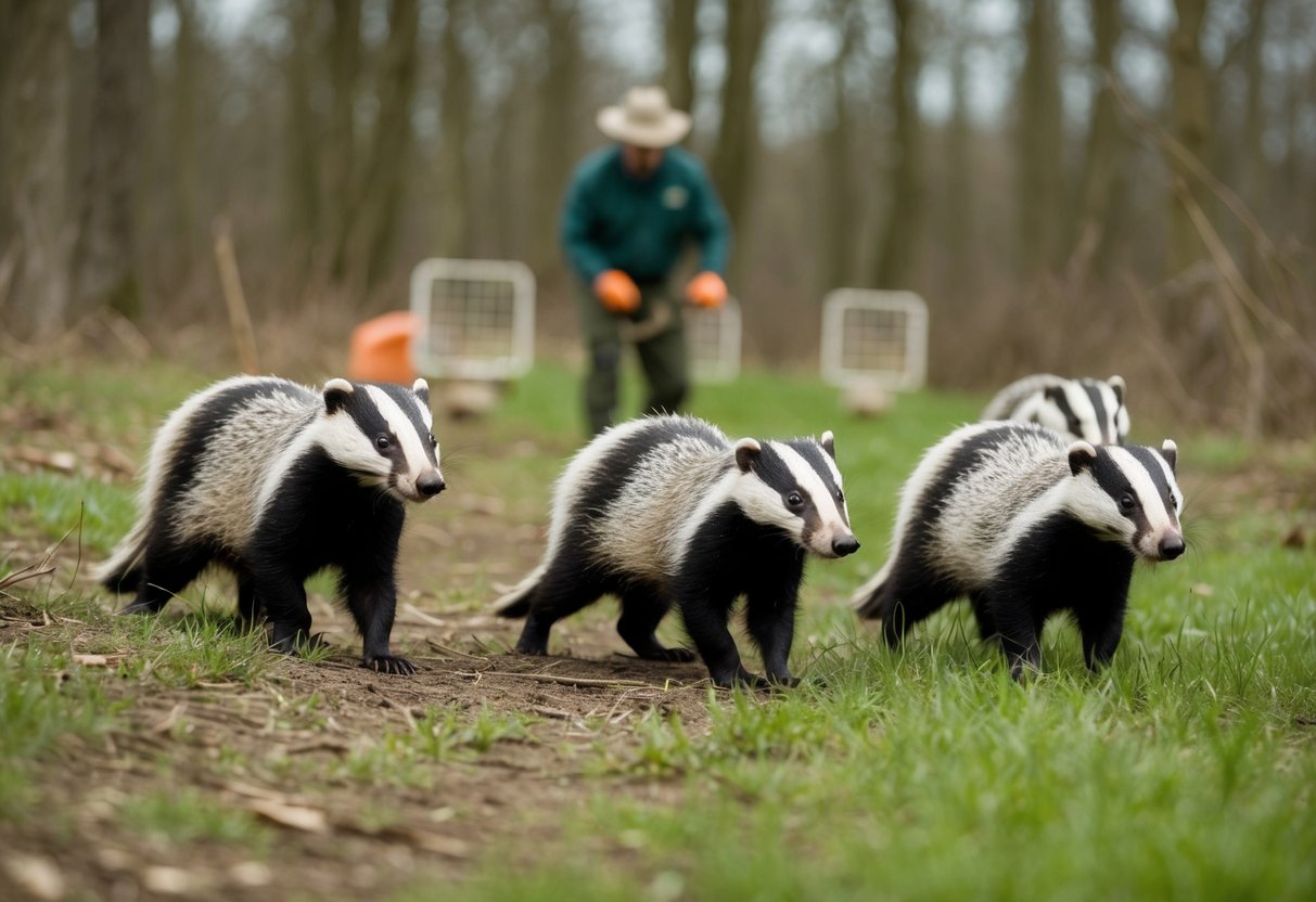A group of badgers roam through a wooded area as a farmer sets up traps in the distance
