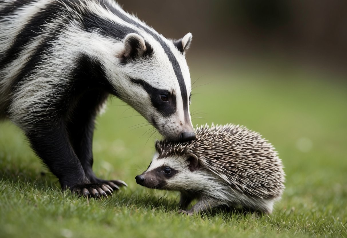 A badger sniffs around a hedgehog, its sharp claws and pointed snout poised to attack