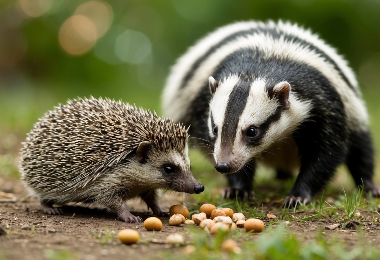 A hedgehog cautiously forages for food while a badger lurks nearby, eyeing the hedgehog with curiosity