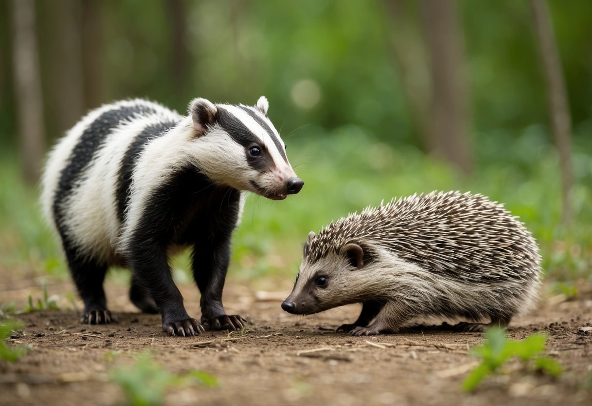 A badger and a hedgehog encounter each other in a forest clearing, with the badger cautiously approaching the hedgehog, while the hedgehog curls into a protective ball