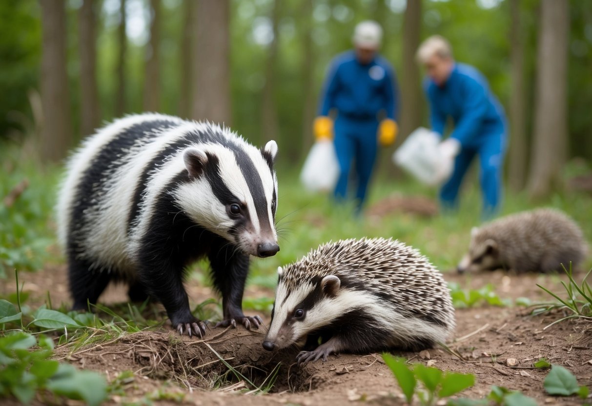 A badger sniffs around a hedgehog burrow in a forest clearing, while nearby, conservationists work to protect the habitat from human impact