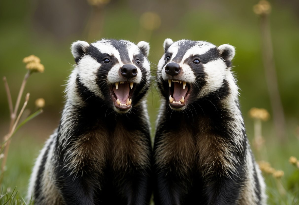 Two badgers snarling and baring their teeth in a tense standoff