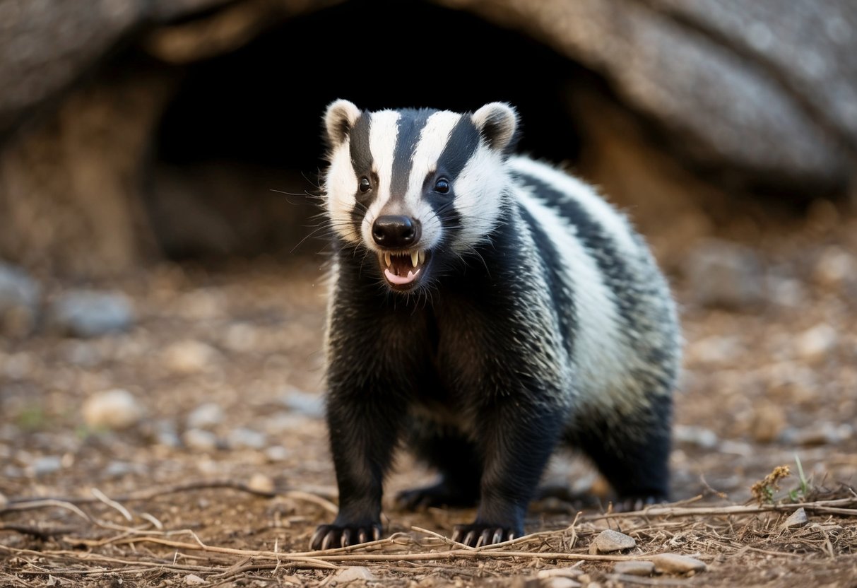 A badger snarls and bares its teeth, standing protectively in front of its den