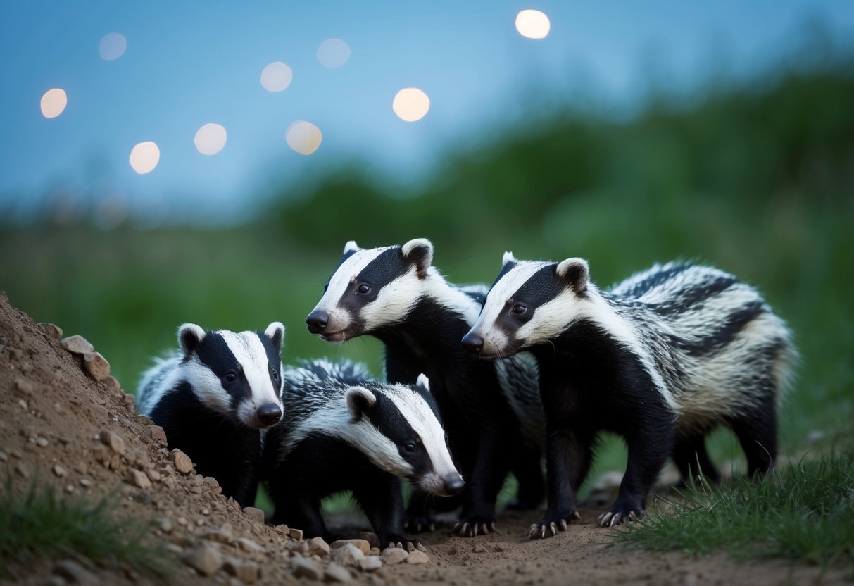 In the dim light of early evening, a family of badgers emerges from their burrow, sniffing the air and cautiously venturing out into the May dusk