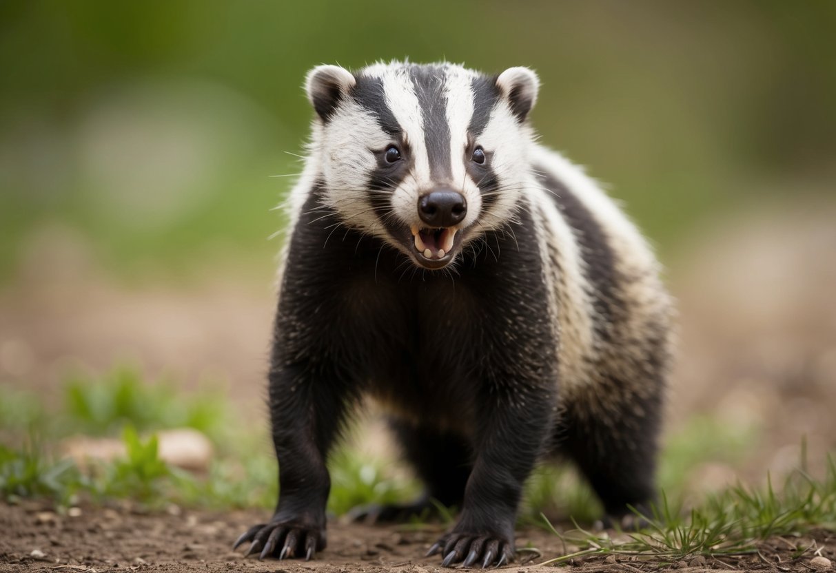 A badger snarls and bares its teeth, standing defensively on its hind legs