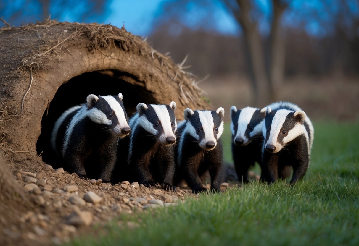 A family of badgers emerges from their burrow at dusk in May