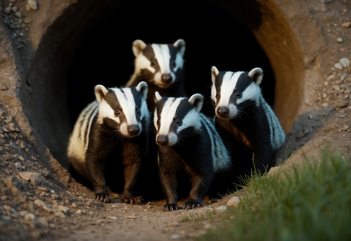 In the dim light of dusk, a family of badgers emerges from their underground burrow, their distinctive black and white-striped faces illuminated by the setting sun
