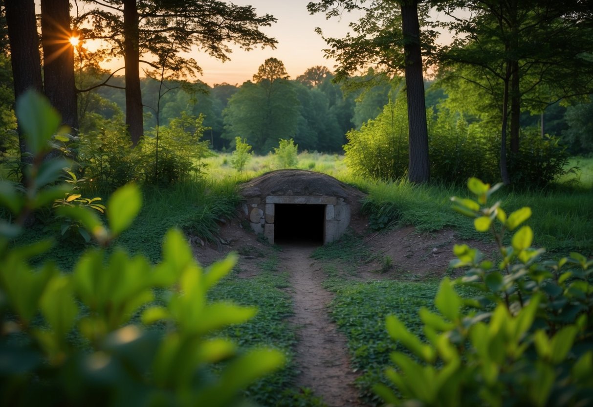A peaceful woodland clearing at dusk, with a burrow entrance and lush greenery. Sunlight filters through the trees, casting a warm glow on the scene