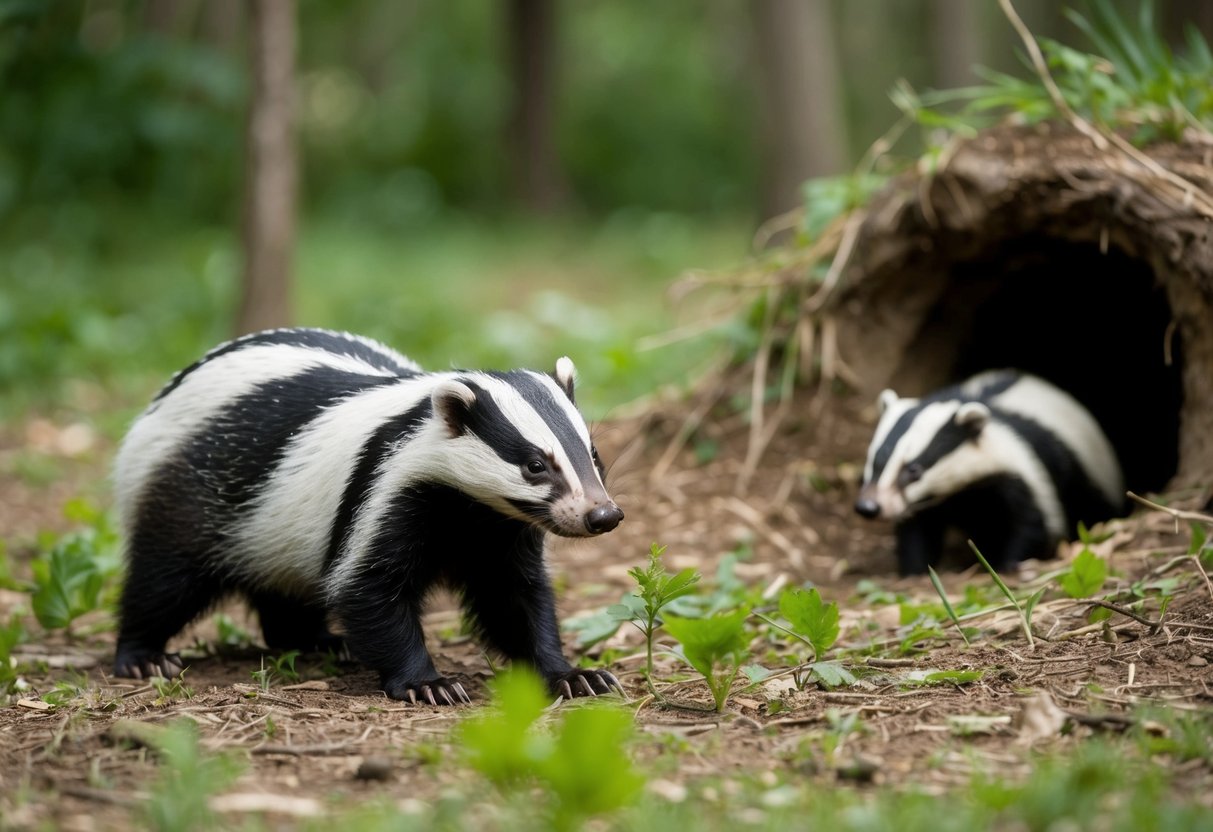 A badger peacefully foraging in a forest clearing, while another badger cautiously watches from a nearby burrow entrance