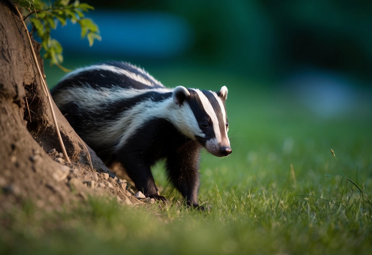 In the dim light of a May evening, a badger emerges from its burrow, sniffing the air before venturing out to forage