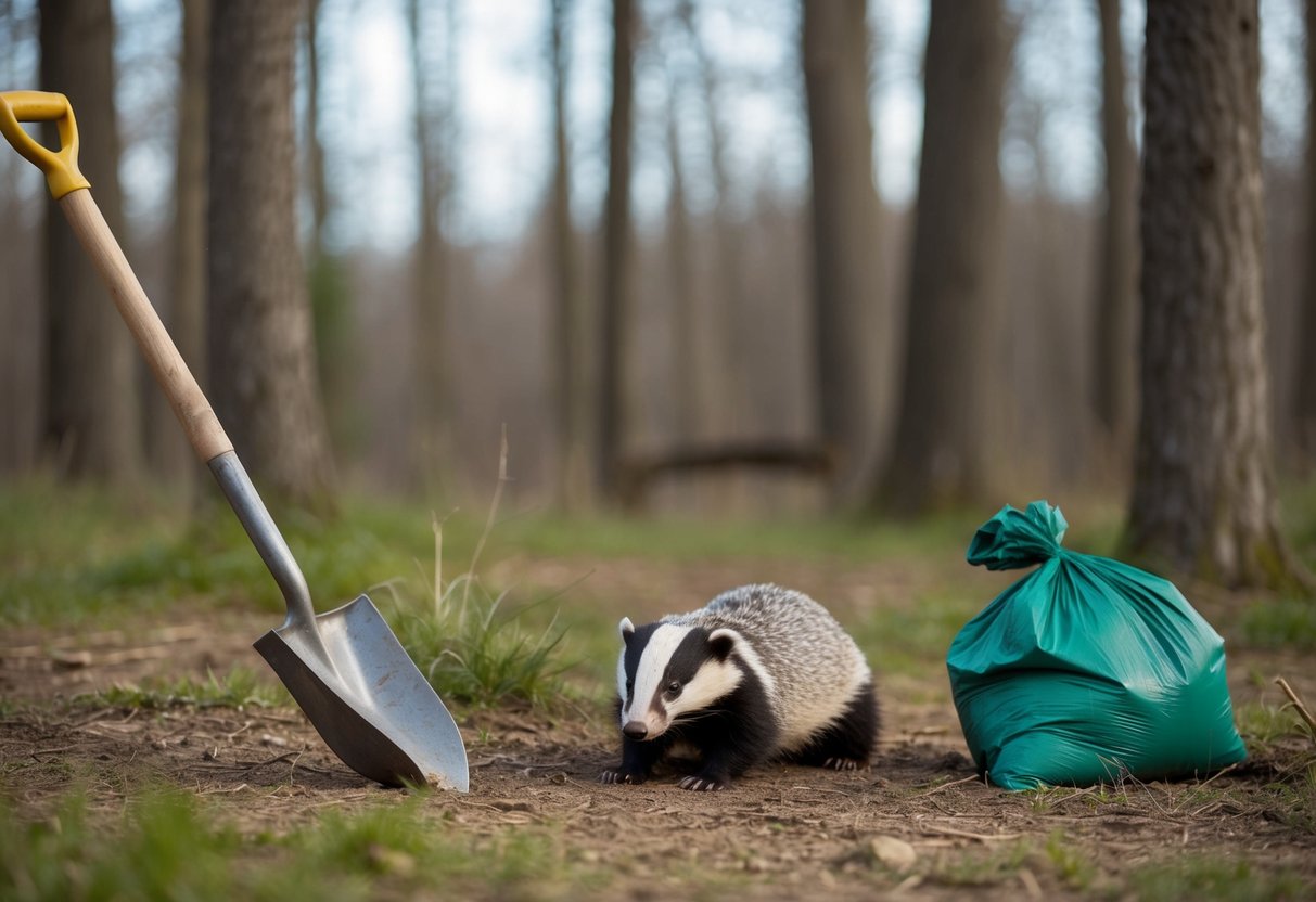 A badger lies in a clearing, surrounded by forest. A shovel and a large garbage bag are nearby