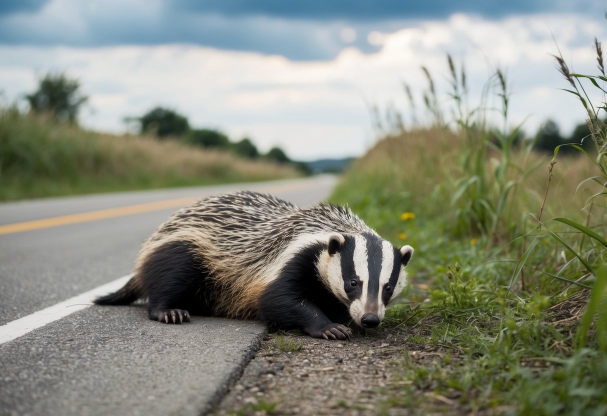 A dead badger lies on the side of a rural road, its fur matted and eyes closed. The surrounding grass is overgrown, and the sky is cloudy