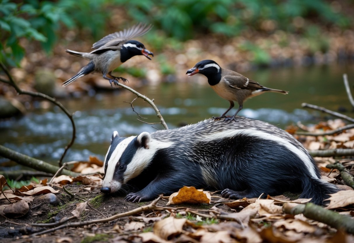 A dead badger lies on the forest floor, surrounded by fallen leaves and twigs. A pair of curious birds peck at the animal, while nearby, a stream gurgles softly