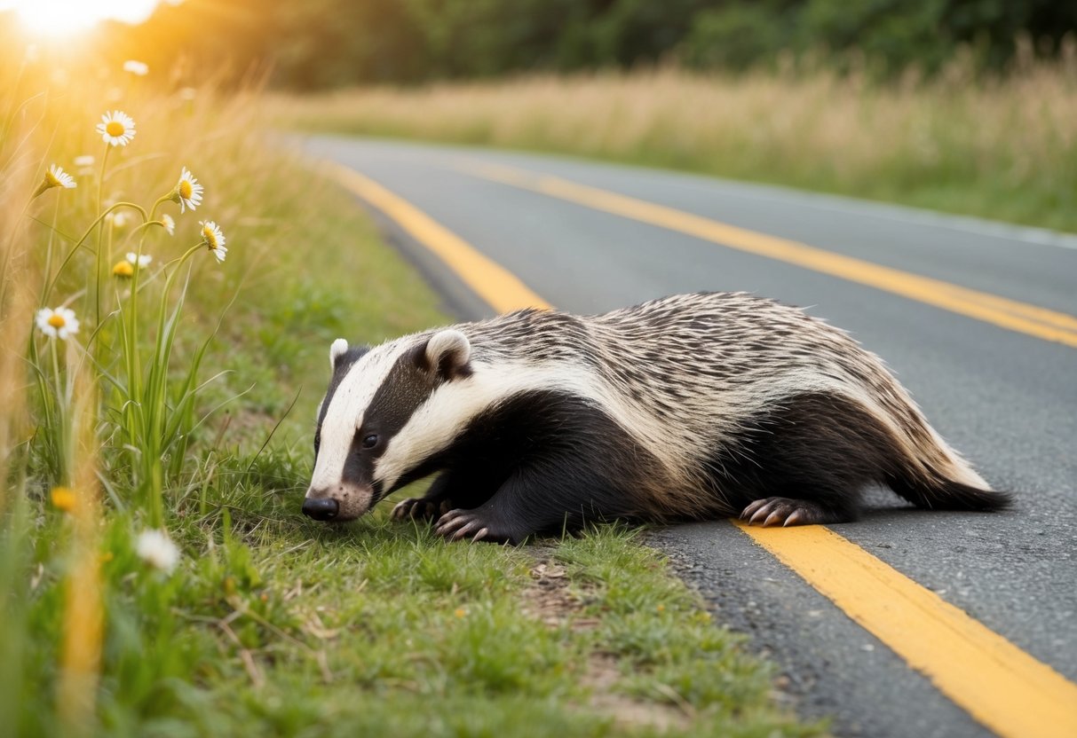 A dead badger lies on the side of a country road, surrounded by tall grass and wildflowers. The sun casts a warm glow on the scene