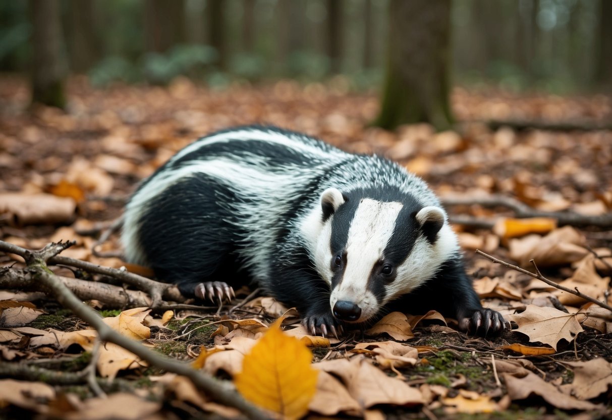A dead badger lying in a forest clearing, surrounded by fallen leaves and twigs