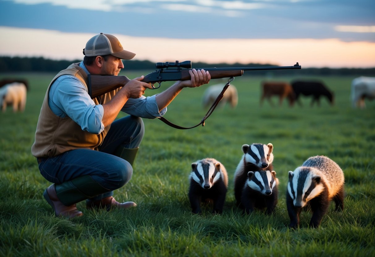 A farmer aiming a rifle at a group of badgers near a cattle pasture at dusk