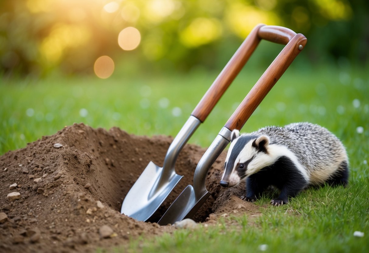 A shovel digging a hole in the ground next to a dead badger
