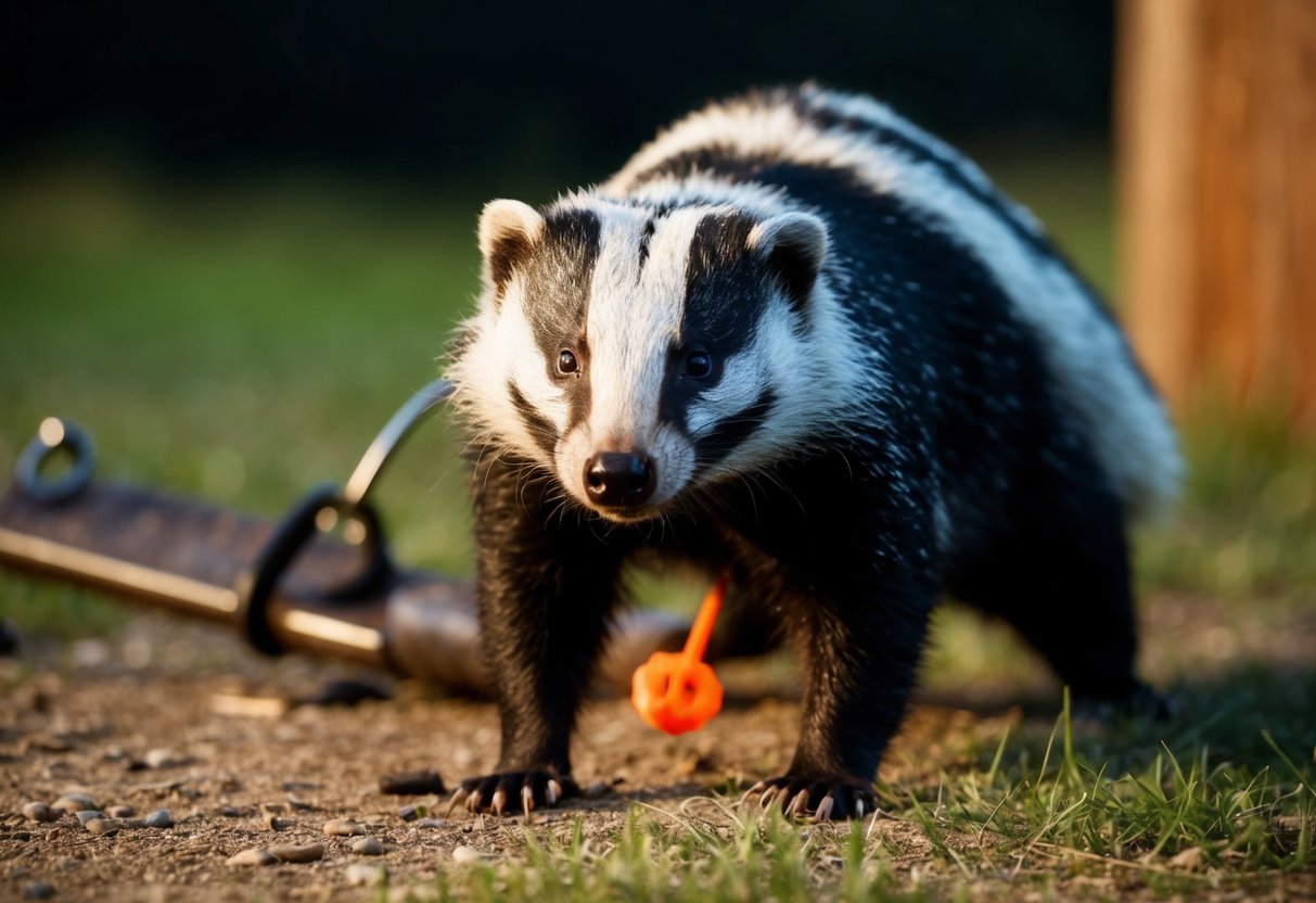 A badger being trapped and killed in a rural area at night