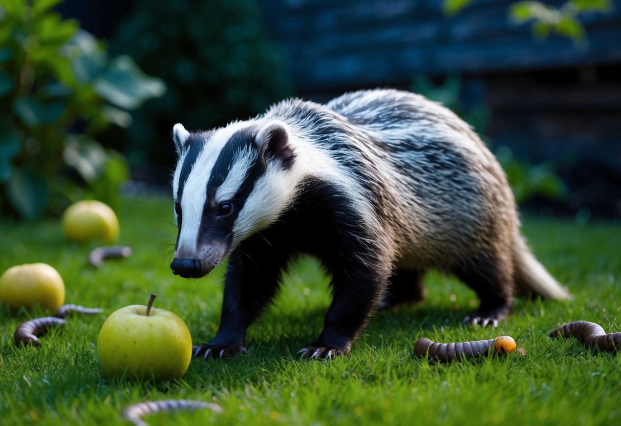 A badger snuffles through the garden at night, feasting on earthworms, insects, and fallen fruit