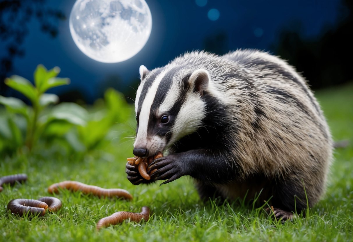 A garden badger snacking on earthworms and grubs under the moonlight