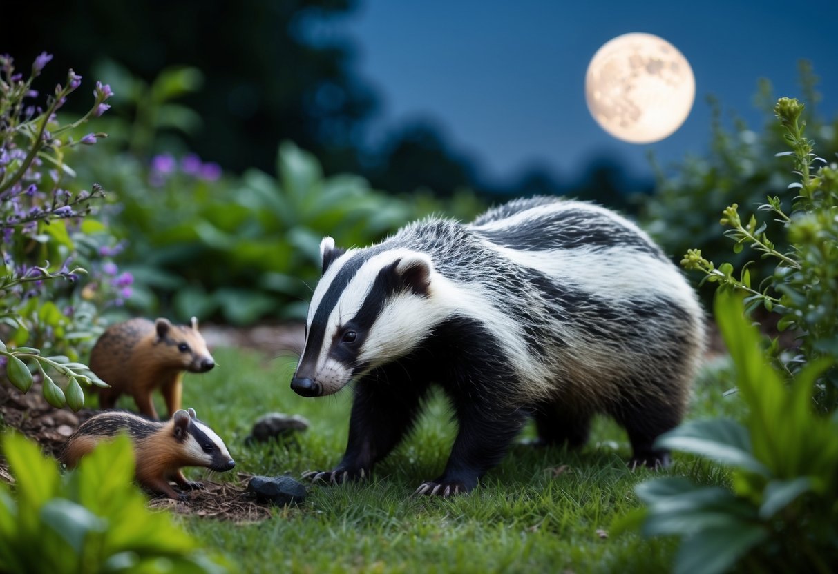 A badger foraging for insects and small animals in a moonlit garden, surrounded by lush vegetation and a variety of wildlife