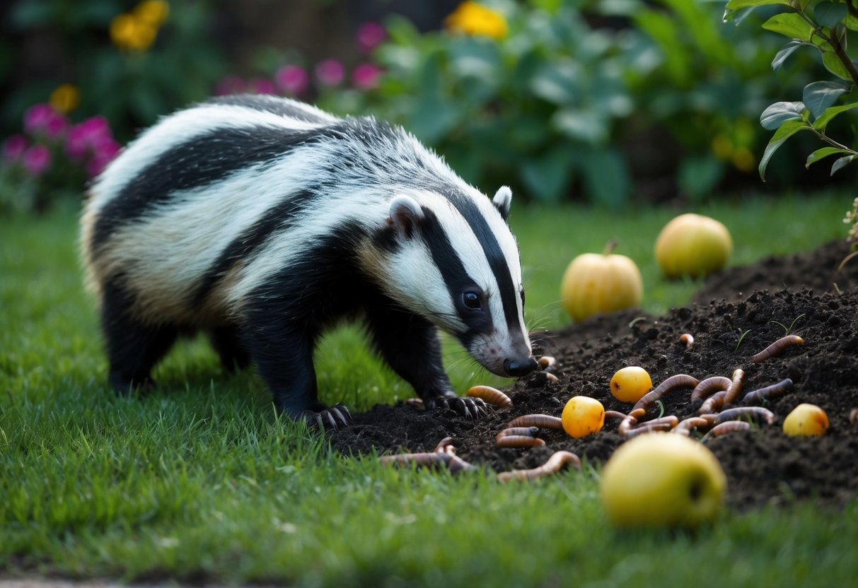 A badger digs up a garden at night, feasting on earthworms, insects, and fallen fruits