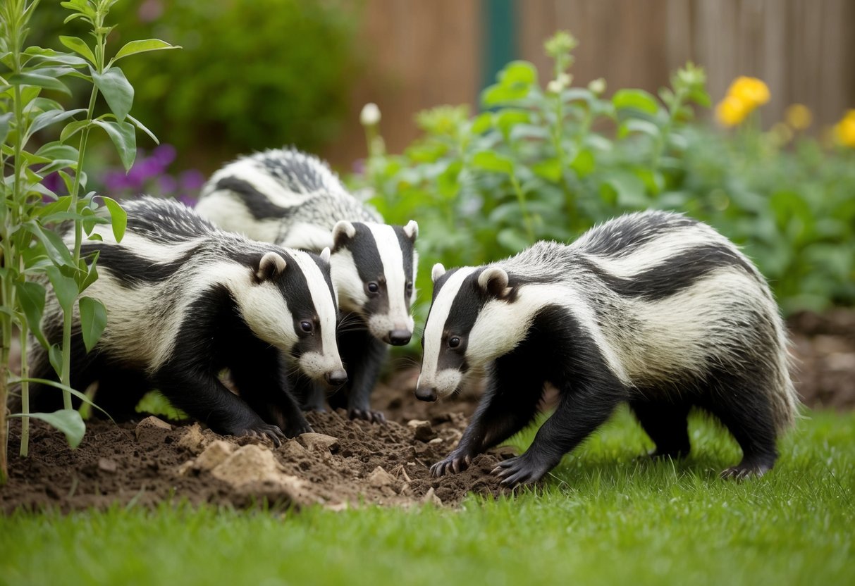 A group of badgers rummaging through a garden, digging up plants and causing damage