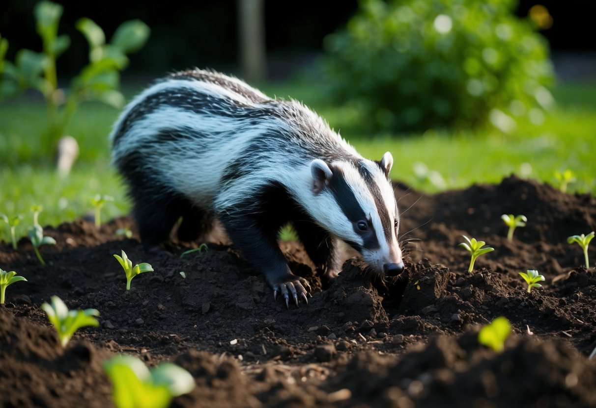 A badger digging up a garden at night, surrounded by upturned soil and scattered plants