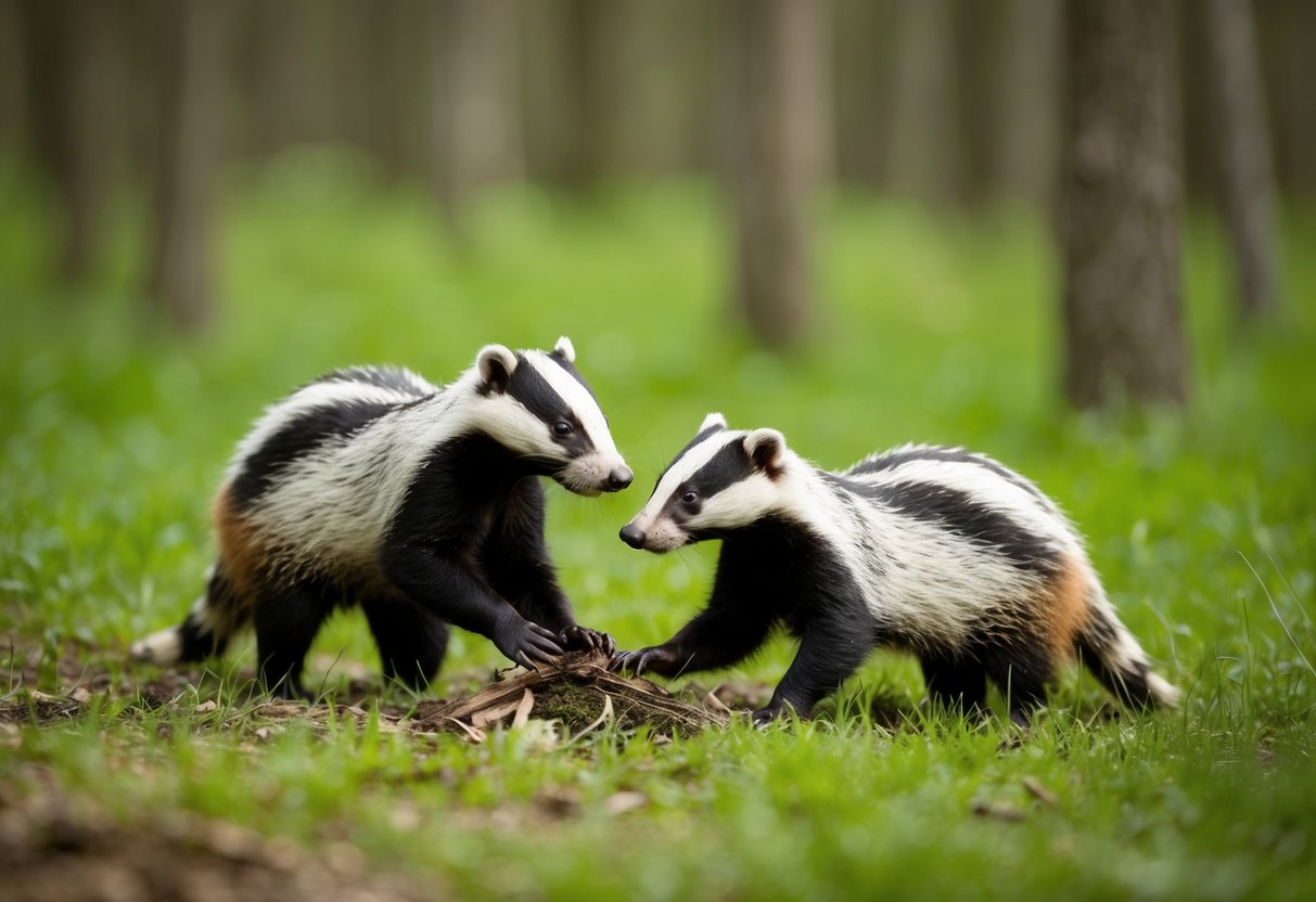 A peaceful forest clearing with badgers foraging and playing